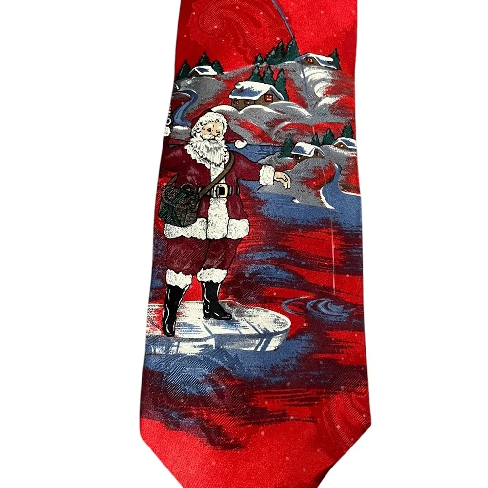 Golden Wreath Vintage Santa Floating on Iceberg Red Silk Christmas Tie Mens